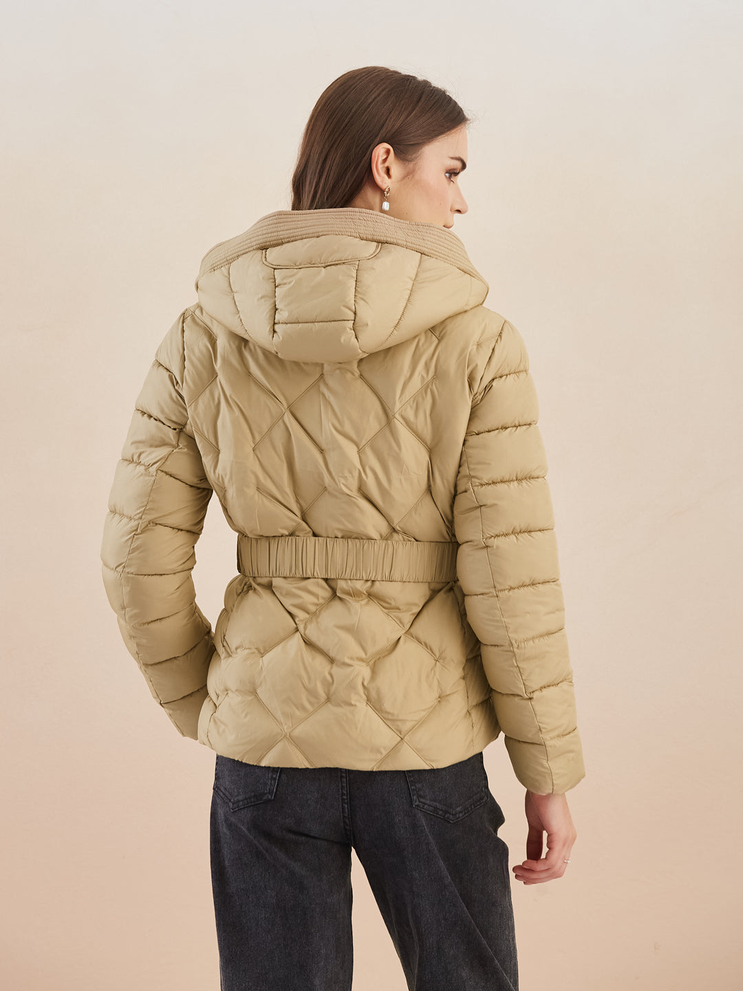 Latin Quarters Women'S Beige Hooded Full Sleeves Self Design Casual Puffer Jacket
