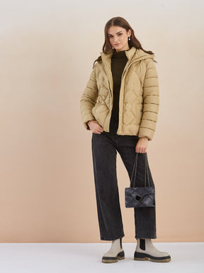 Latin Quarters Women'S Beige Hooded Full Sleeves Self Design Casual Puffer Jacket