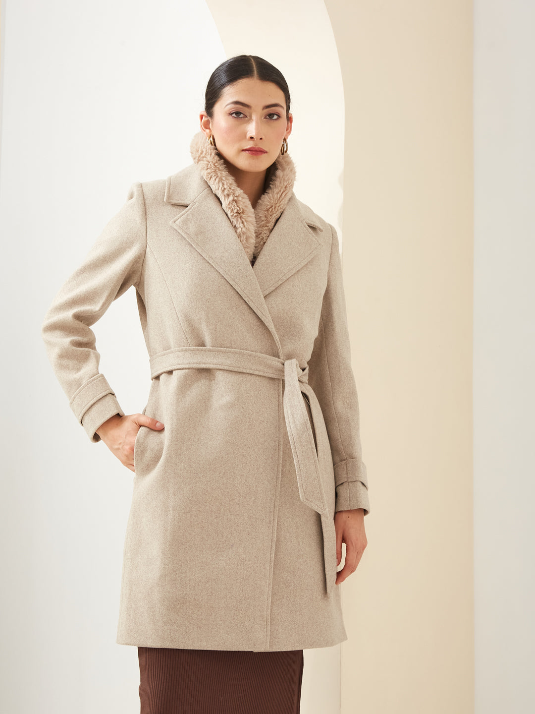 Latin Quarters Women'S Beige Collared Full Sleeves Solid Casual Overcoat Coat