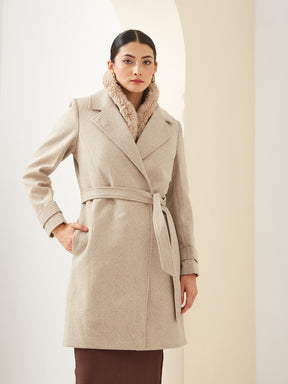Latin Quarters Women'S Beige Collared Full Sleeves Solid Casual Overcoat Coat