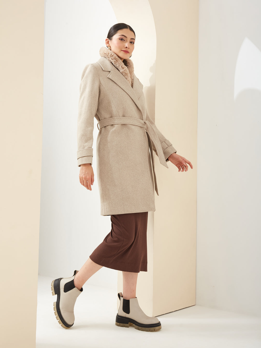 Latin Quarters Women'S Beige Collared Full Sleeves Solid Casual Overcoat Coat