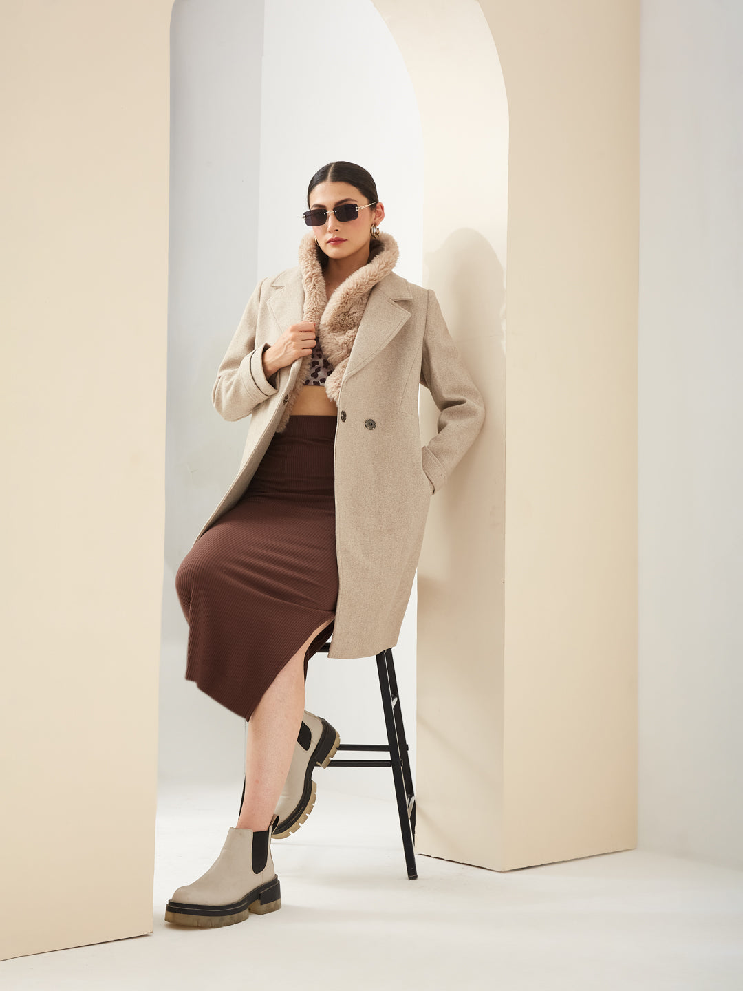 Latin Quarters Women'S Beige Collared Full Sleeves Solid Casual Overcoat Coat
