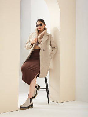 Latin Quarters Women'S Beige Collared Full Sleeves Solid Casual Overcoat Coat