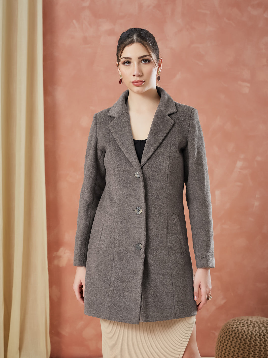 Latin Quarters Women's Brown Full Sleeves Solid Collar Neck Casual Coat