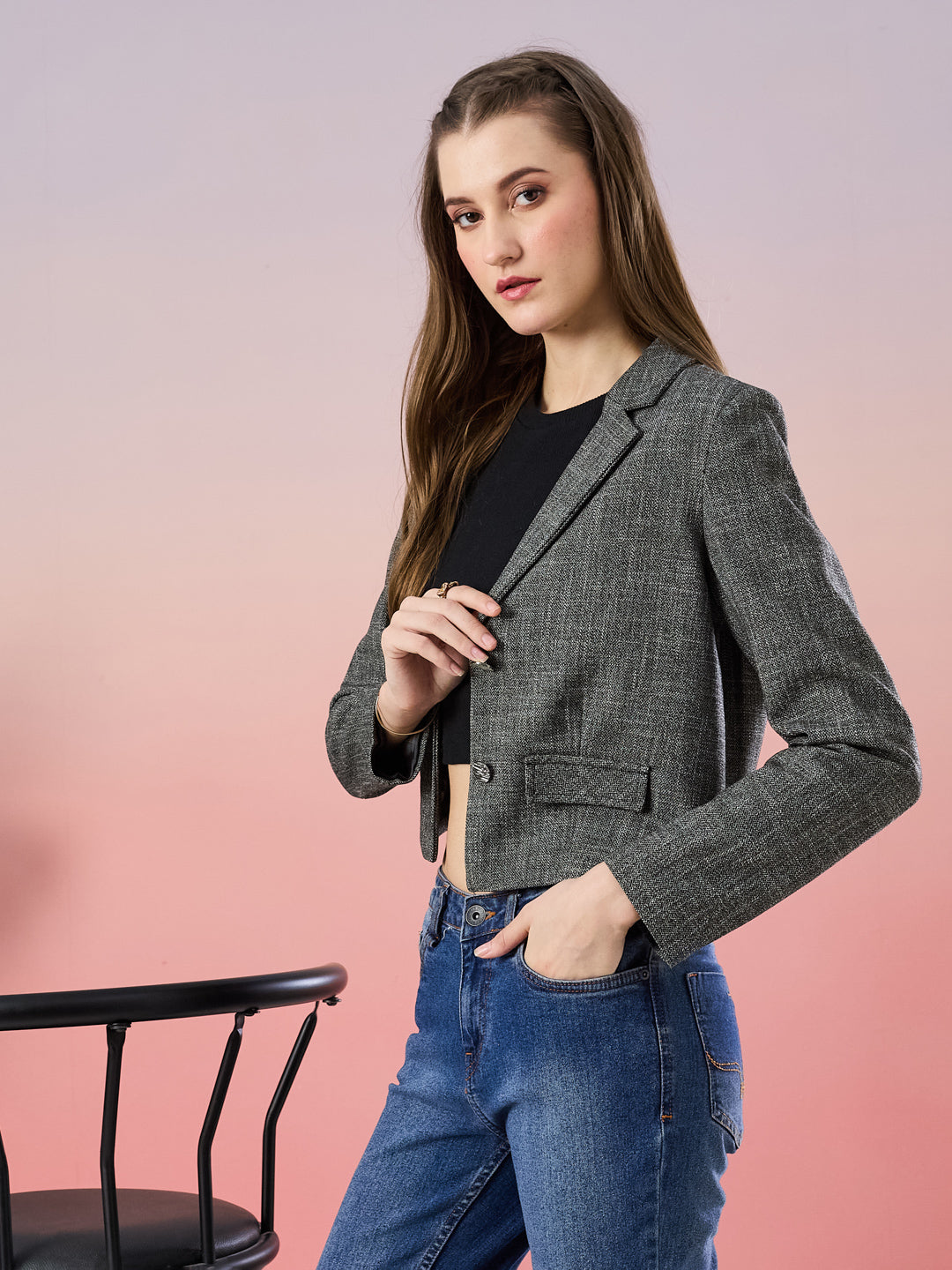 Latin Quarters Women's Black Textured Full Sleeve Collar Neck Casual Blazer
