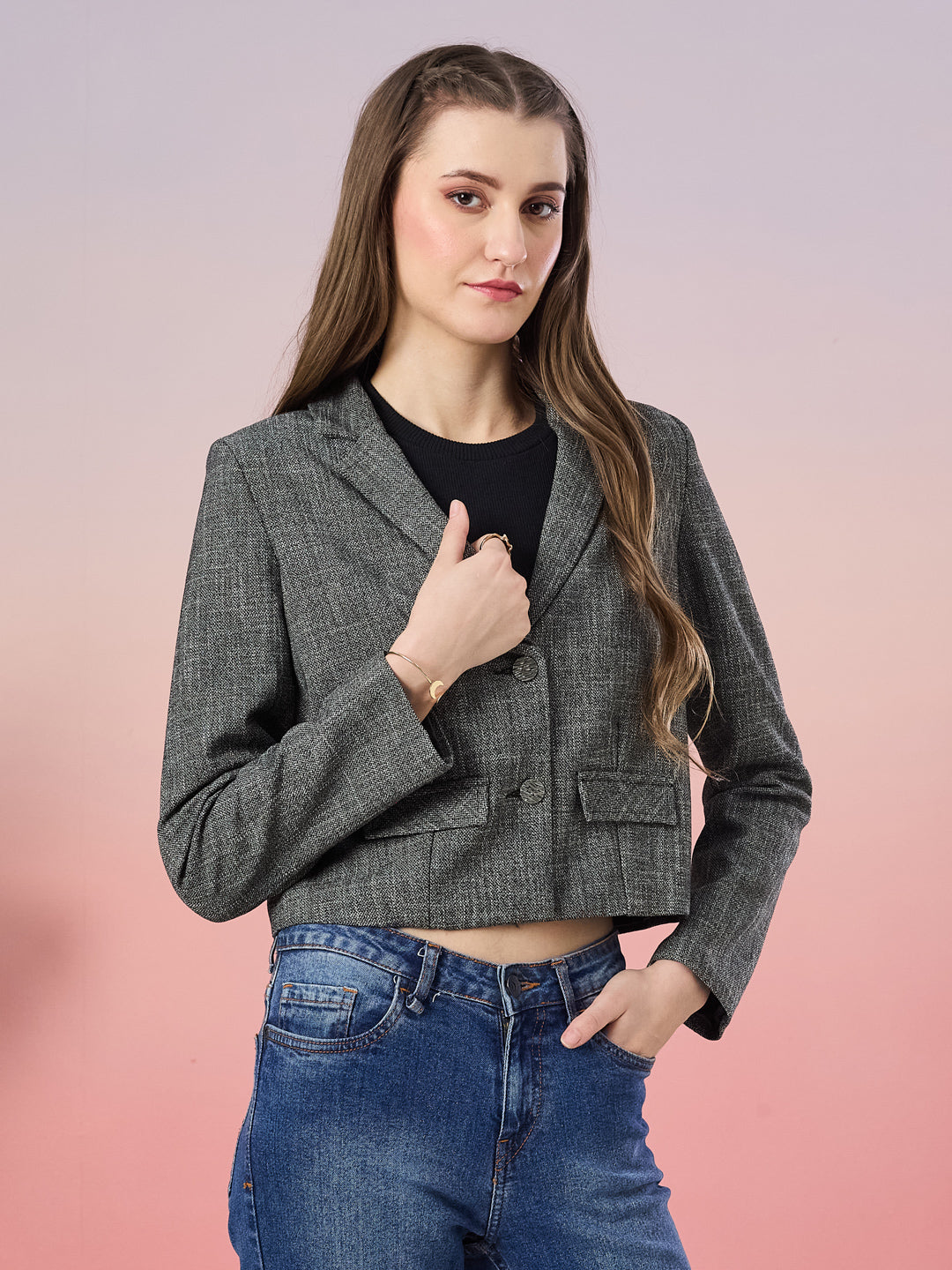 Latin Quarters Women's Black Textured Full Sleeve Collar Neck Casual Blazer