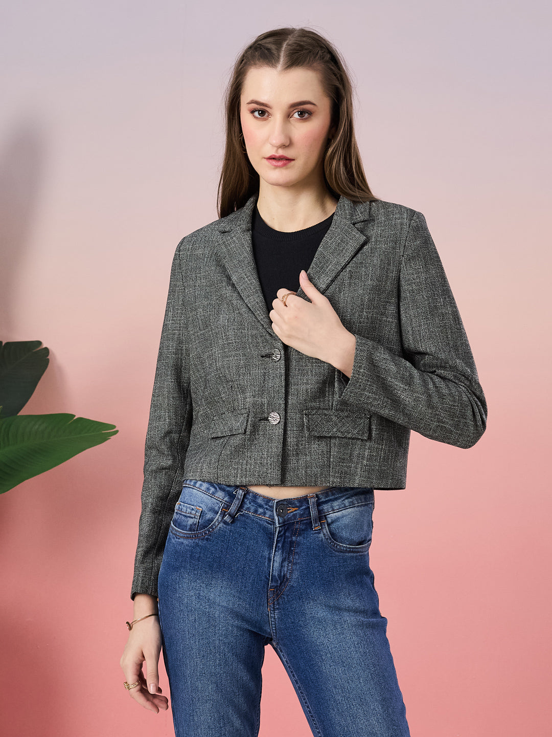 Latin Quarters Women's Black Textured Full Sleeve Collar Neck Casual Blazer