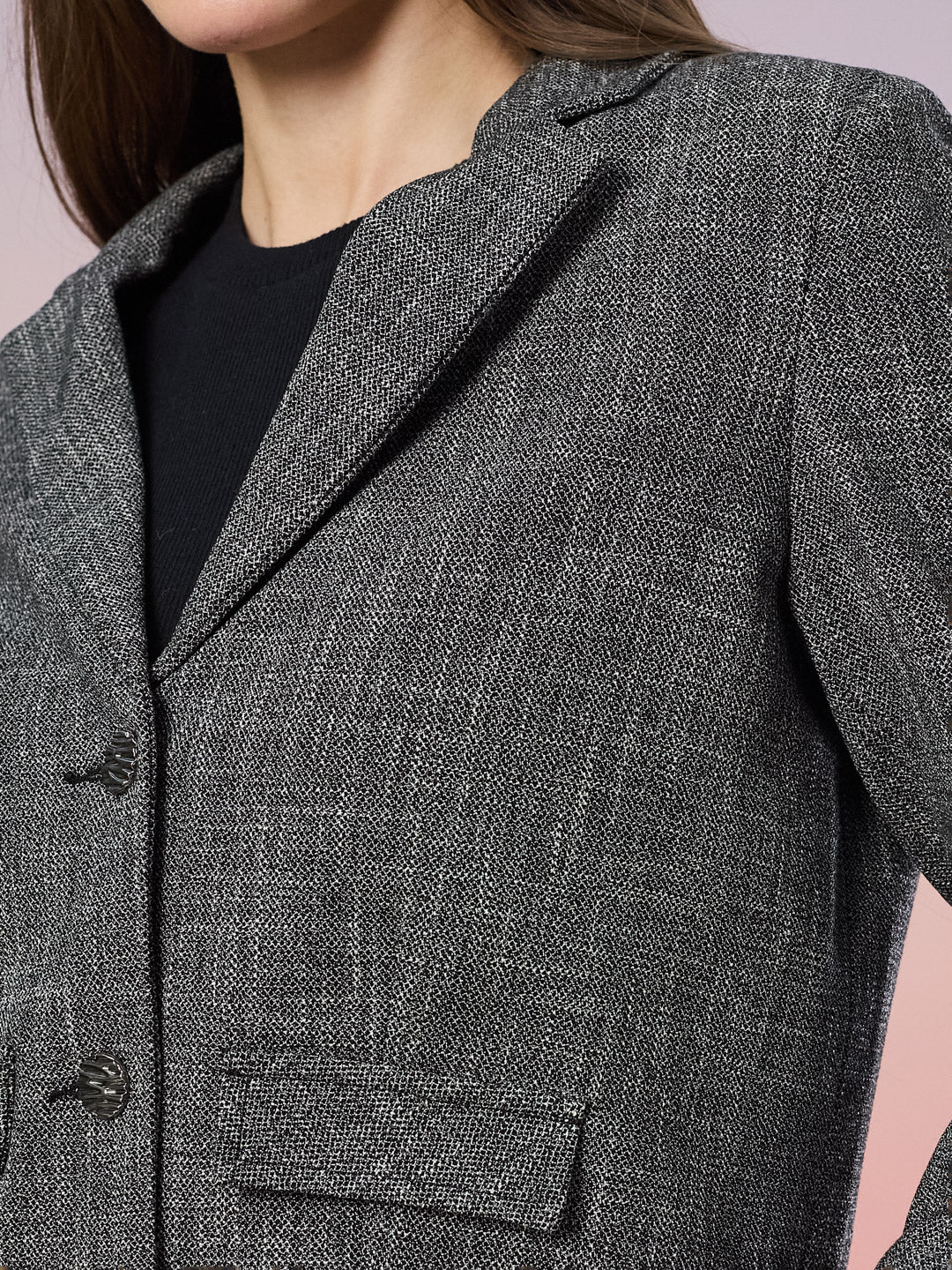 Latin Quarters Women's Black Textured Full Sleeve Collar Neck Casual Blazer