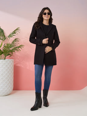 Latin Quarters Women's Black Solid Collar Neck Full Sleeves Casual Coat