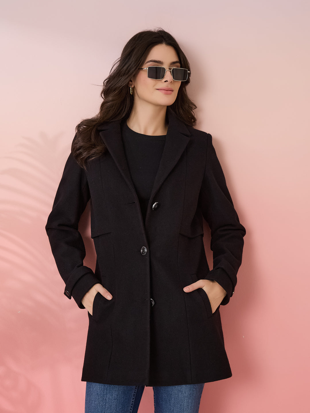 Latin Quarters Women's Black Solid Collar Neck Full Sleeves Casual Coat