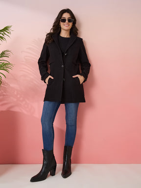 Latin Quarters Women's Black Solid Collar Neck Full Sleeves Casual Coat