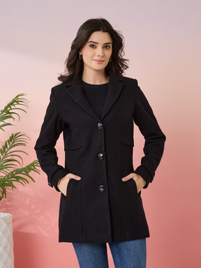 Latin Quarters Women's Black Solid Collar Neck Full Sleeves Casual Coat