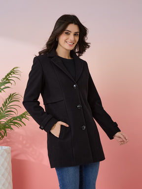 Latin Quarters Women's Black Solid Collar Neck Full Sleeves Casual Coat