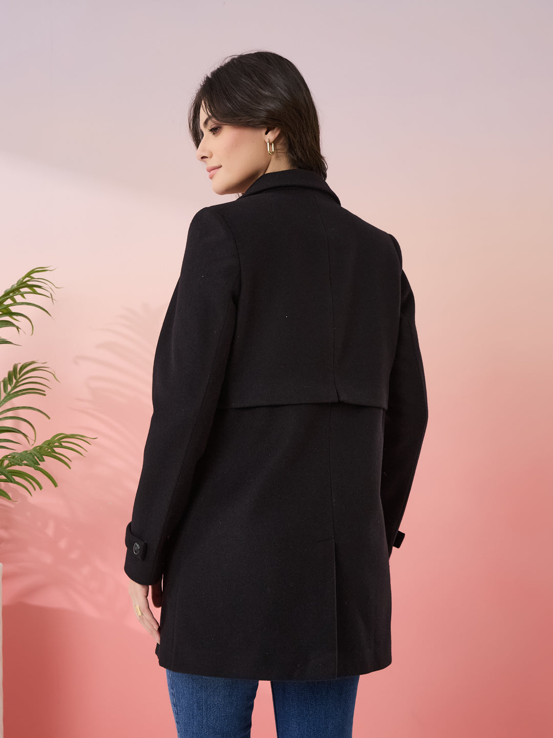 Latin Quarters Women's Black Solid Collar Neck Full Sleeves Casual Coat