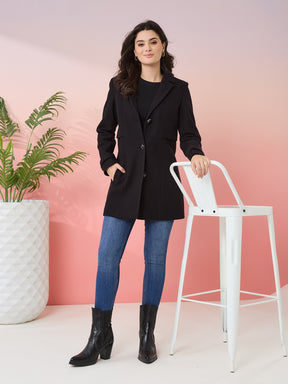 Latin Quarters Women's Black Solid Collar Neck Full Sleeves Casual Coat