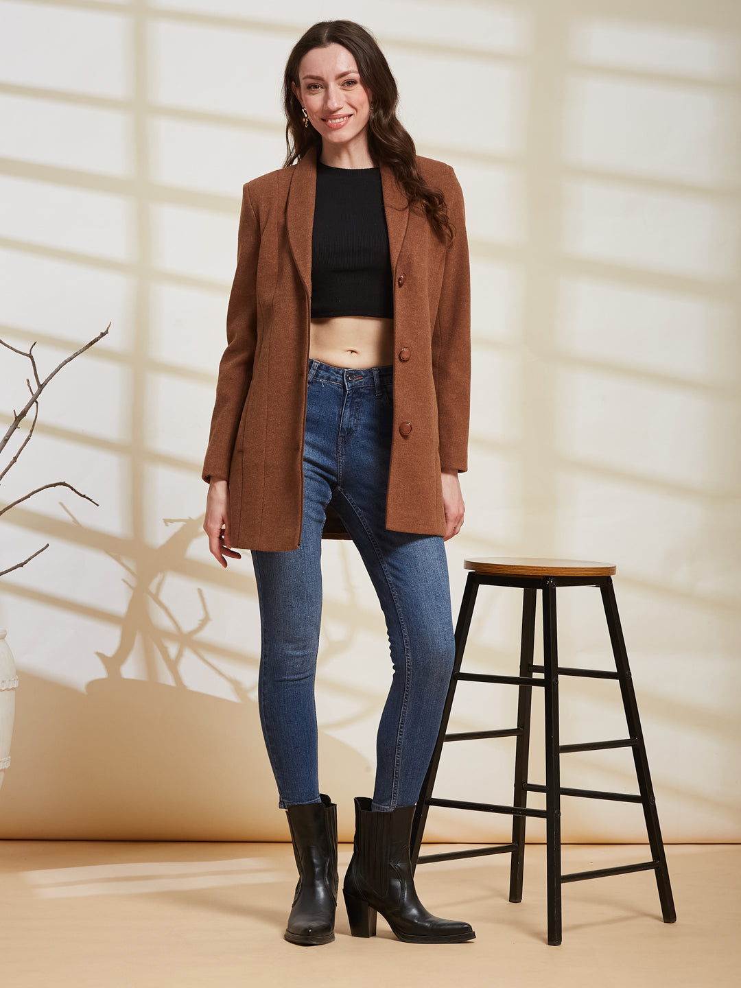 Latin Quarters Women's Brown Solid Lapel Collar Full Sleeve Casual Coat