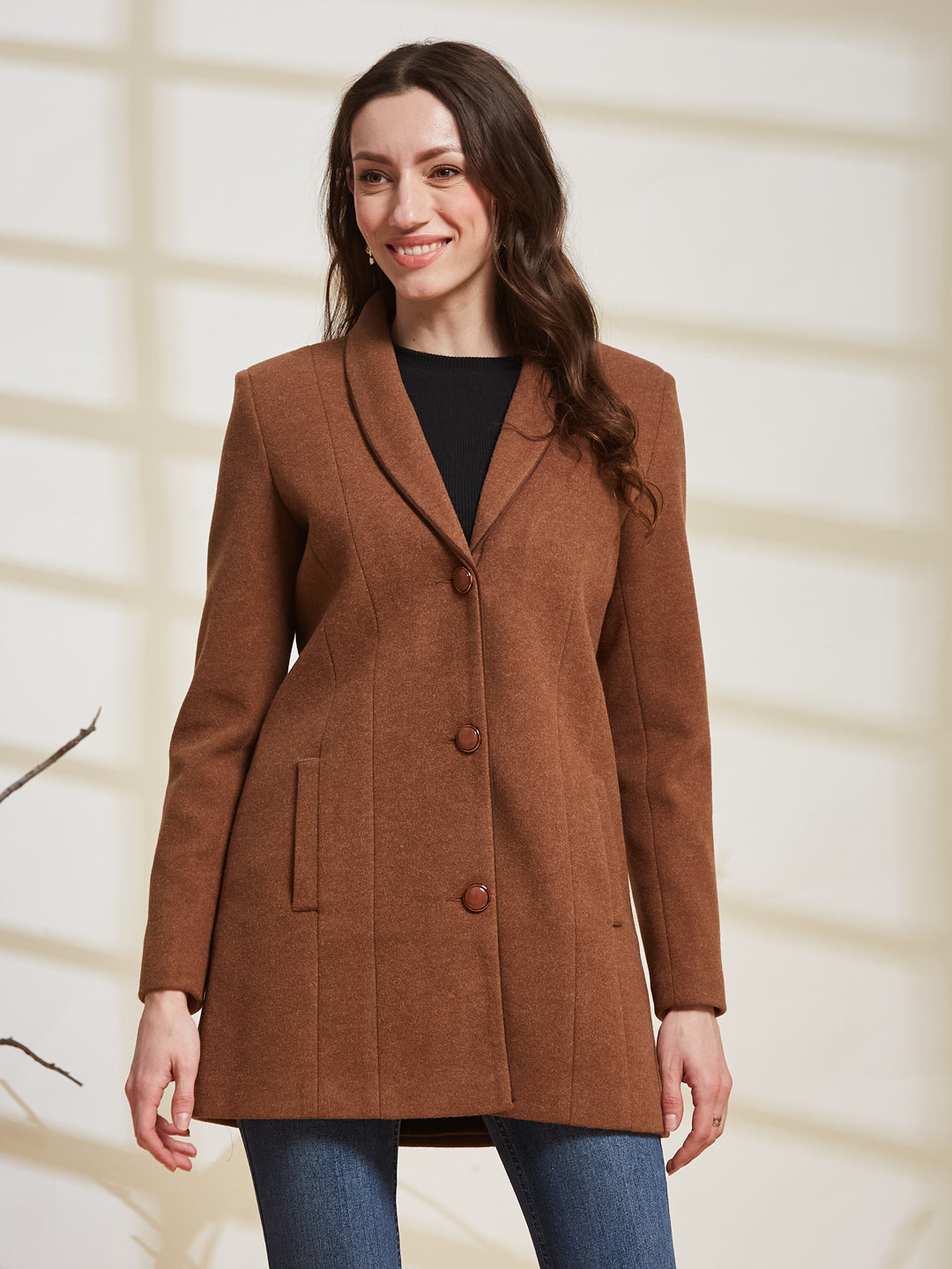 Latin Quarters Women's Brown Solid Lapel Collar Full Sleeve Casual Coat