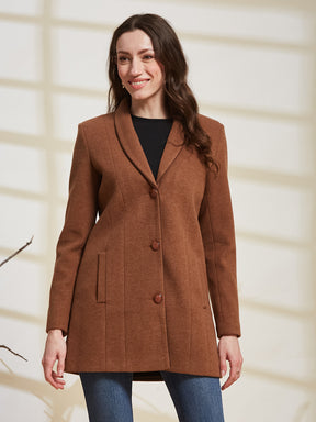 Latin Quarters Women's Brown Solid Lapel Collar Full Sleeve Casual Coat