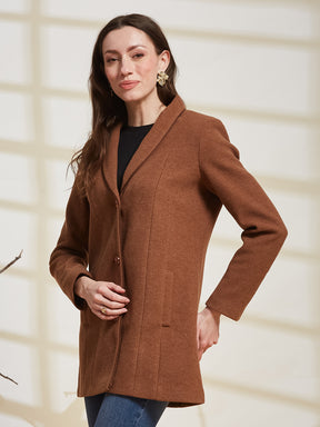 Latin Quarters Women's Brown Solid Lapel Collar Full Sleeve Casual Coat