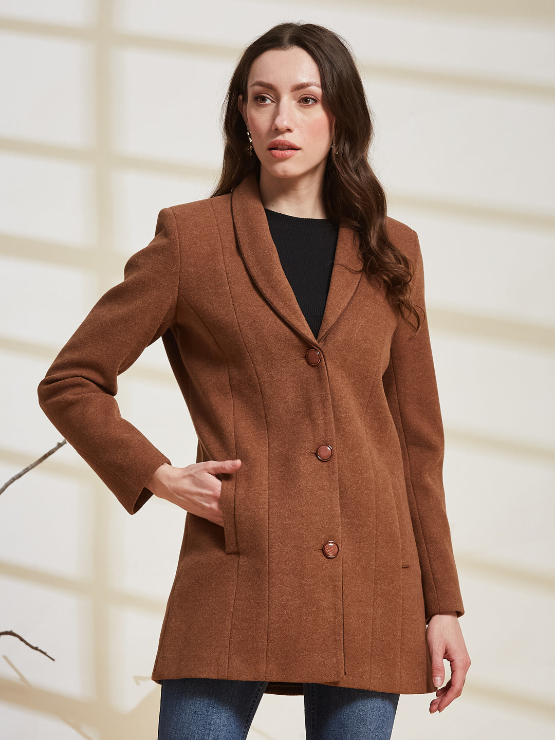 Latin Quarters Women's Brown Solid Lapel Collar Full Sleeve Casual Coat