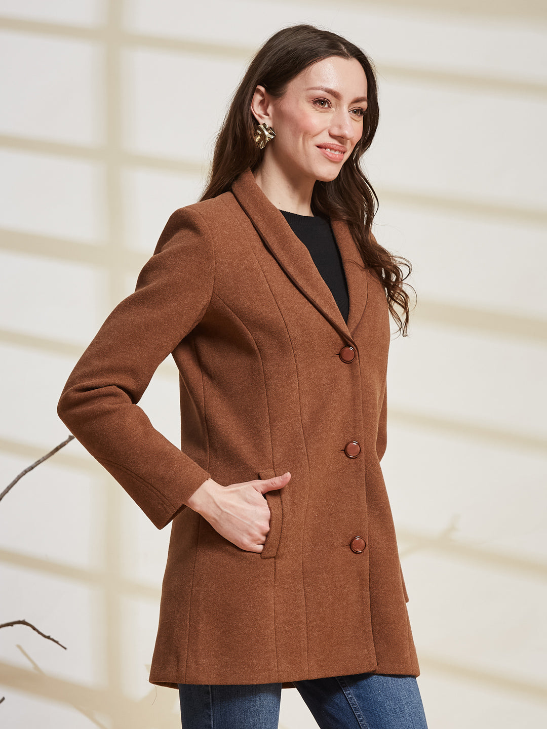 Latin Quarters Women's Brown Solid Lapel Collar Full Sleeve Casual Coat