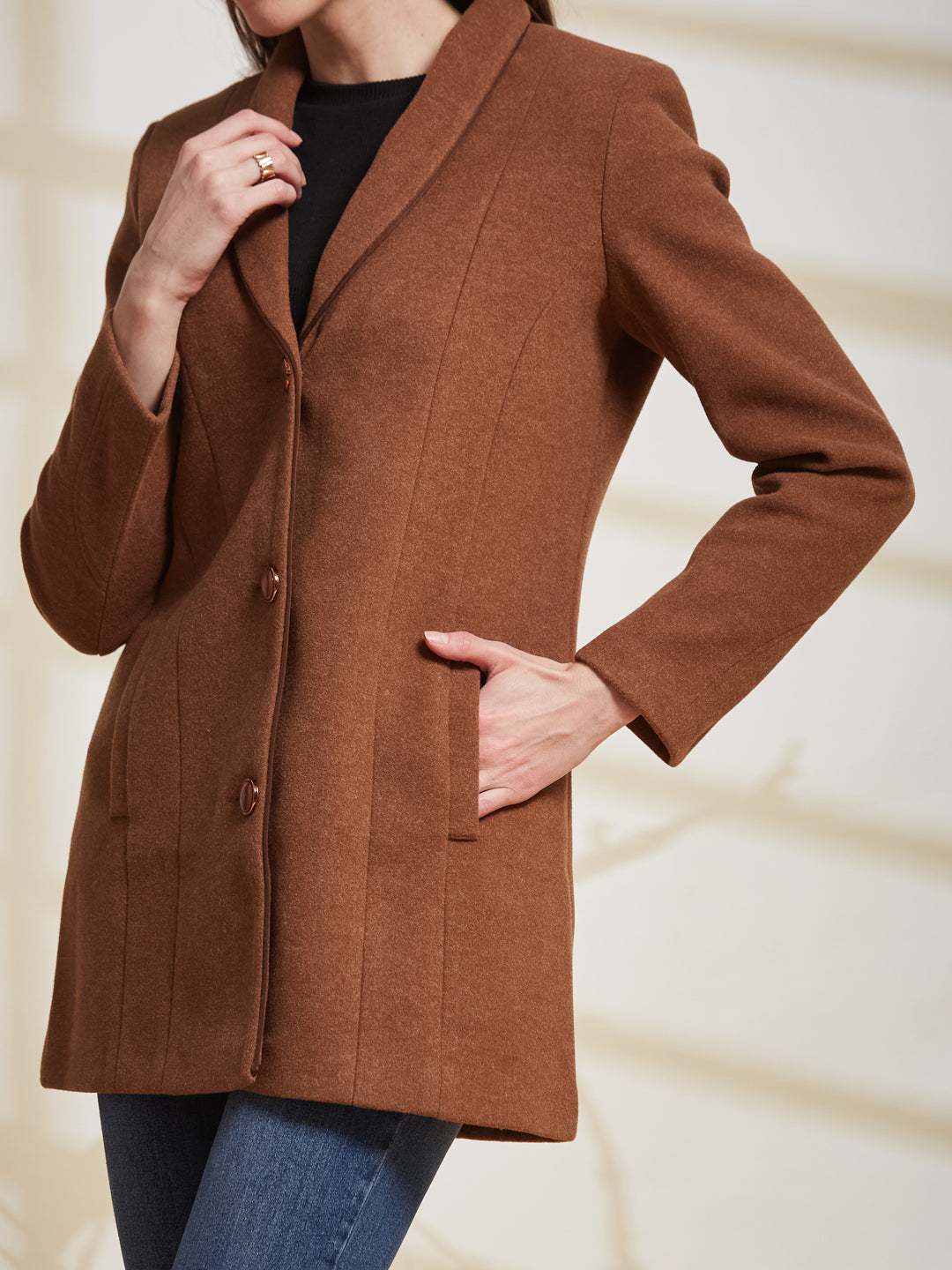 Latin Quarters Women's Brown Solid Lapel Collar Full Sleeve Casual Coat