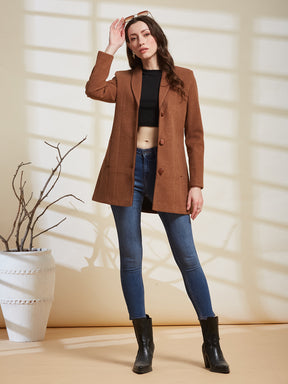 Latin Quarters Women's Brown Solid Lapel Collar Full Sleeve Casual Coat