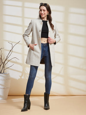 Latin Quarters Women's Off White Solid Mandarin Collar Full Sleeve Casual Coat