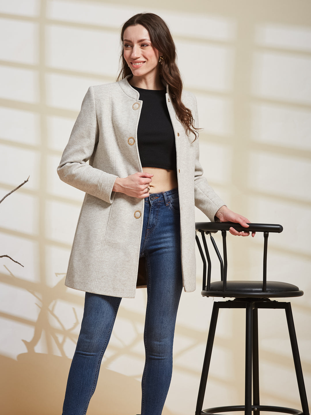 Latin Quarters Women's Off White Solid Mandarin Collar Full Sleeve Casual Coat