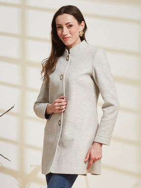 Latin Quarters Women's Off White Solid Mandarin Collar Full Sleeve Casual Coat