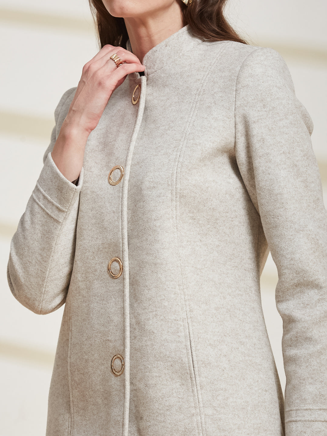 Latin Quarters Women's Off White Solid Mandarin Collar Full Sleeve Casual Coat