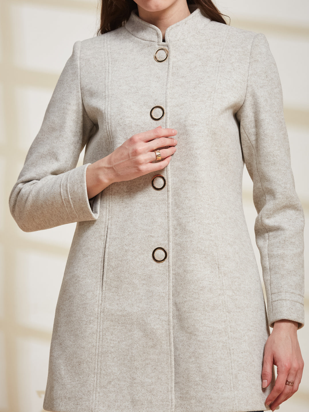Latin Quarters Women's Off White Solid Mandarin Collar Full Sleeve Casual Coat