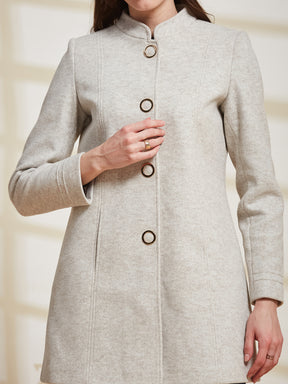 Latin Quarters Women's Off White Solid Mandarin Collar Full Sleeve Casual Coat