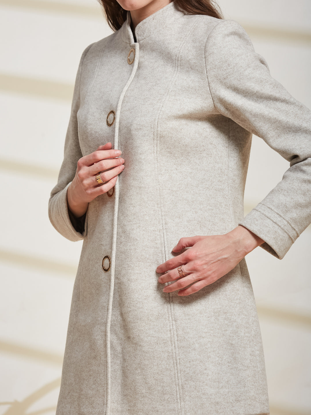 Latin Quarters Women's Off White Solid Mandarin Collar Full Sleeve Casual Coat