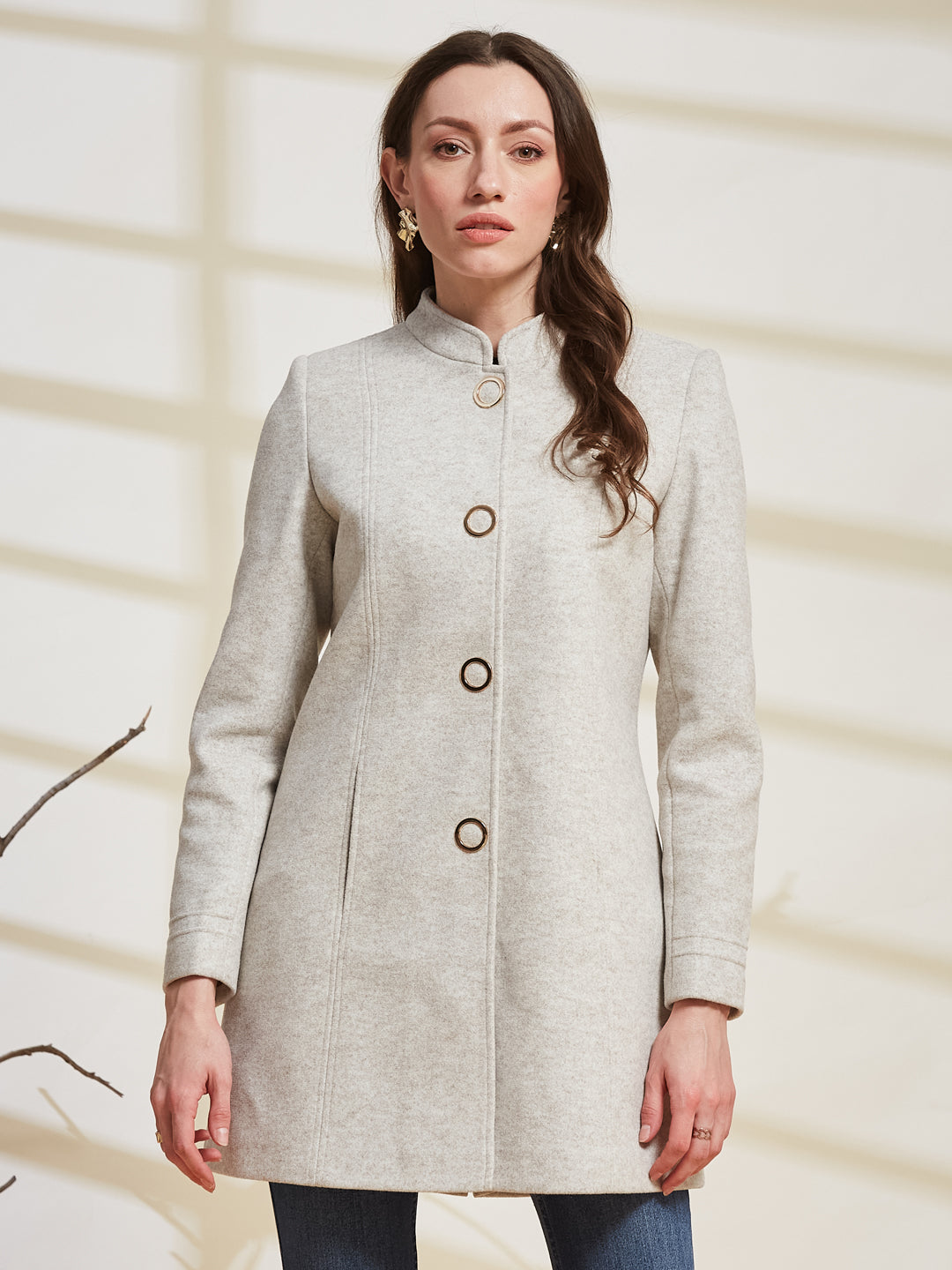 Latin Quarters Women's Off White Solid Mandarin Collar Full Sleeve Casual Coat