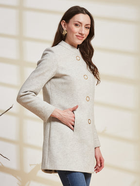 Latin Quarters Women's Off White Solid Mandarin Collar Full Sleeve Casual Coat