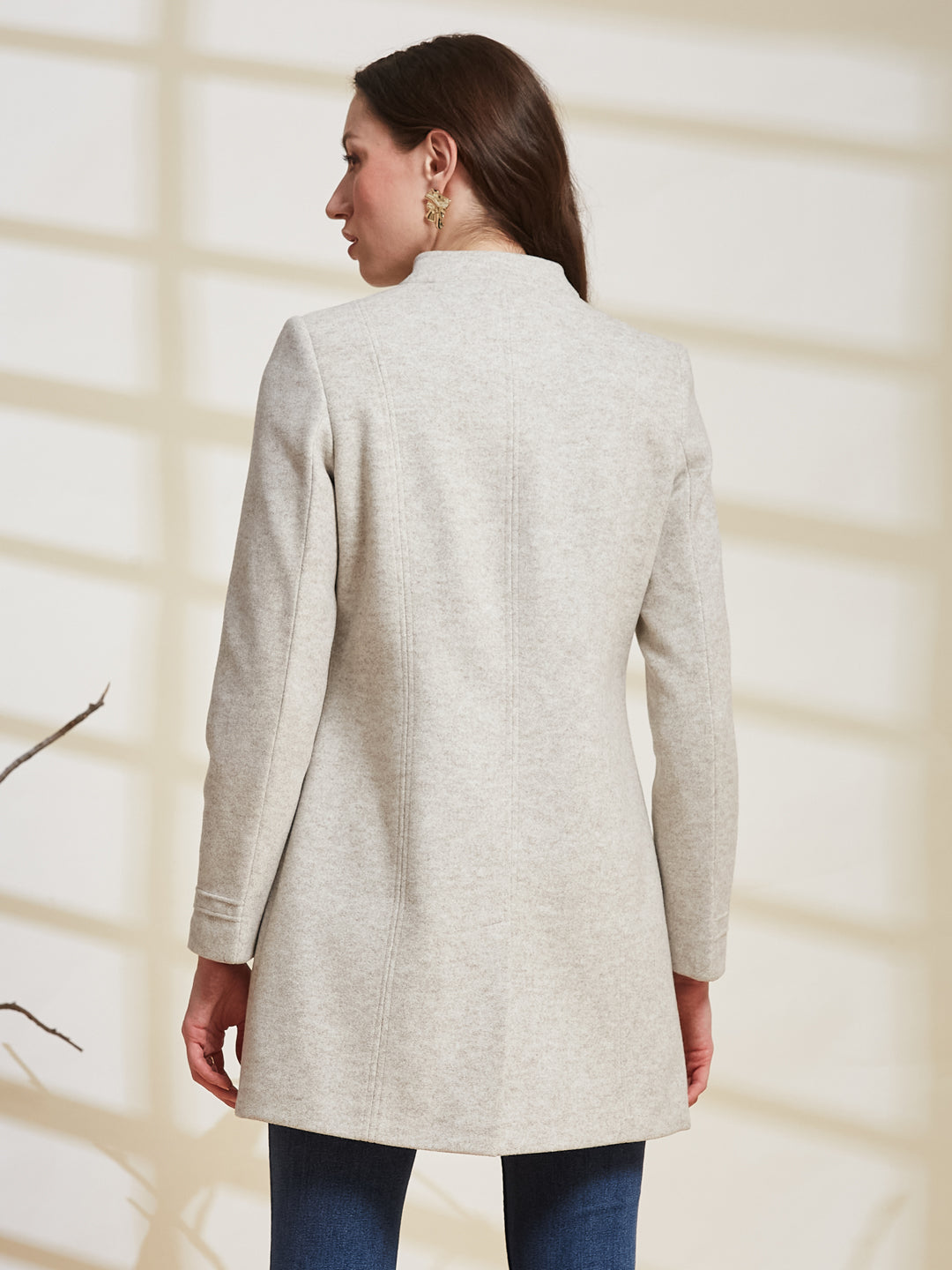 Latin Quarters Women's Off White Solid Mandarin Collar Full Sleeve Casual Coat
