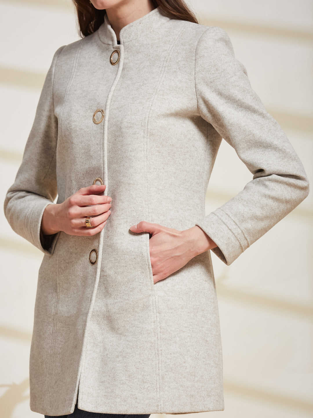 Latin Quarters Women's Off White Solid Mandarin Collar Full Sleeve Casual Coat
