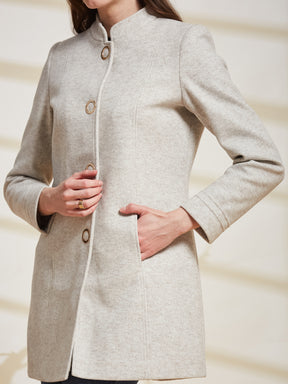 Latin Quarters Women's Off White Solid Mandarin Collar Full Sleeve Casual Coat