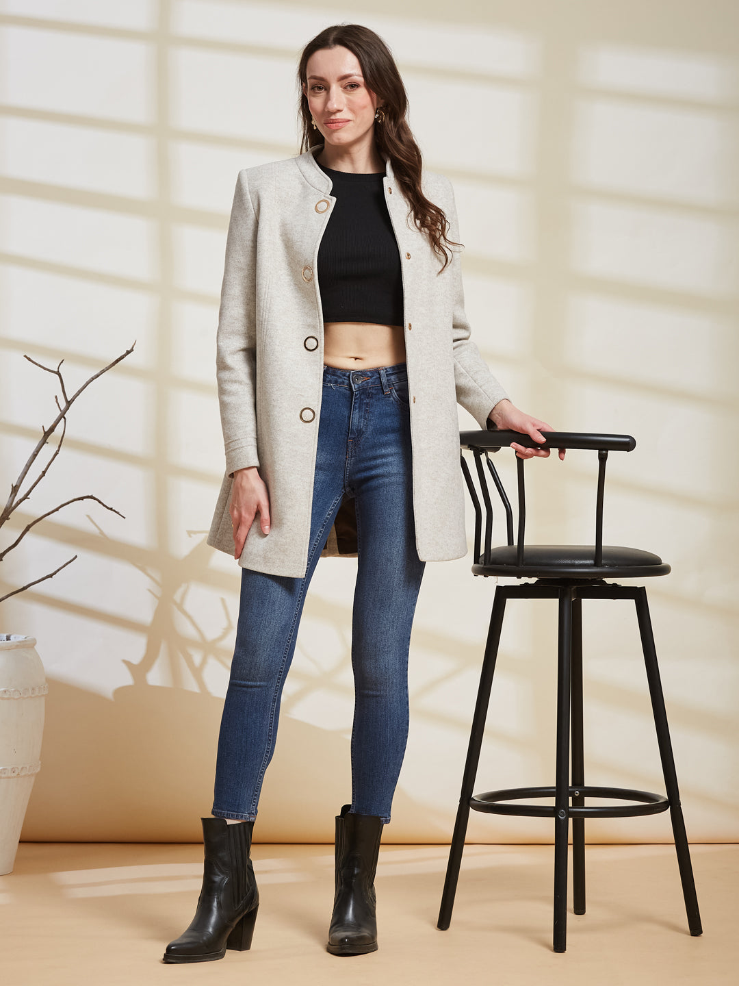 Latin Quarters Women's Off White Solid Mandarin Collar Full Sleeve Casual Coat