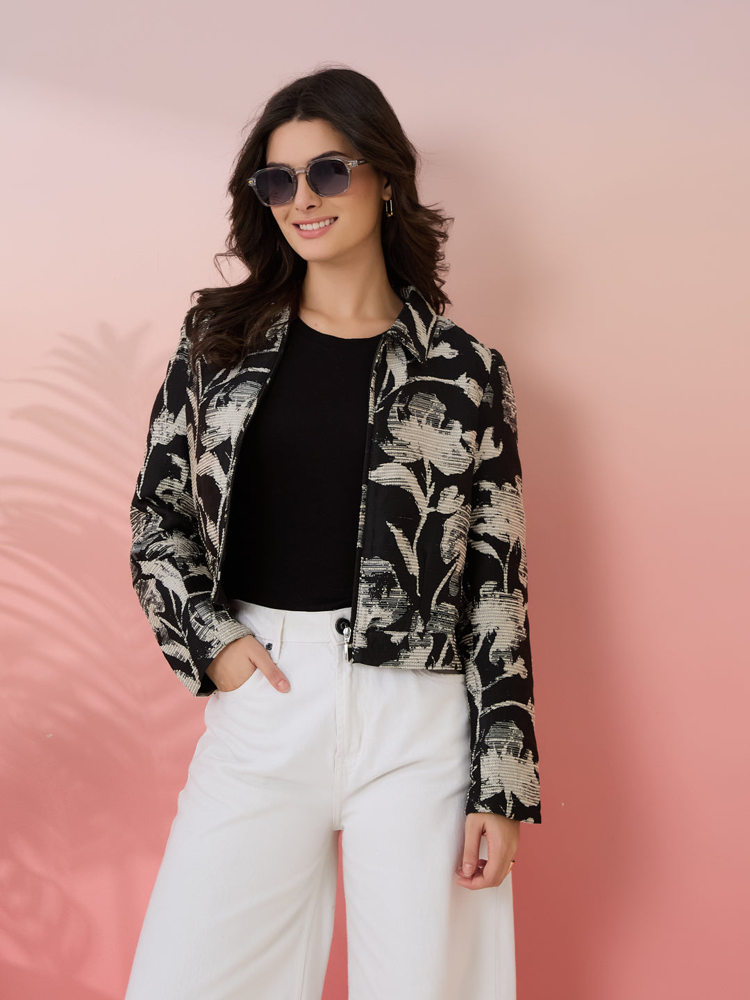 Latin Quarters Women's Black Printed Collar Neck Full Sleeves Casual Jacket
