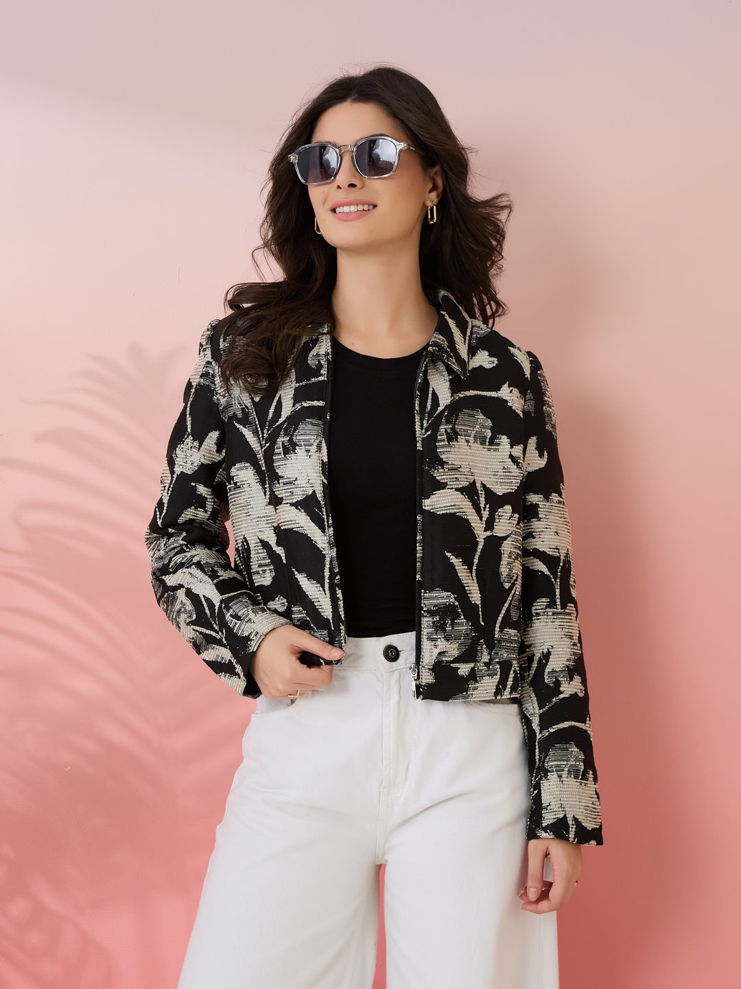 Latin Quarters Women's Black Printed Collar Neck Full Sleeves Casual Jacket