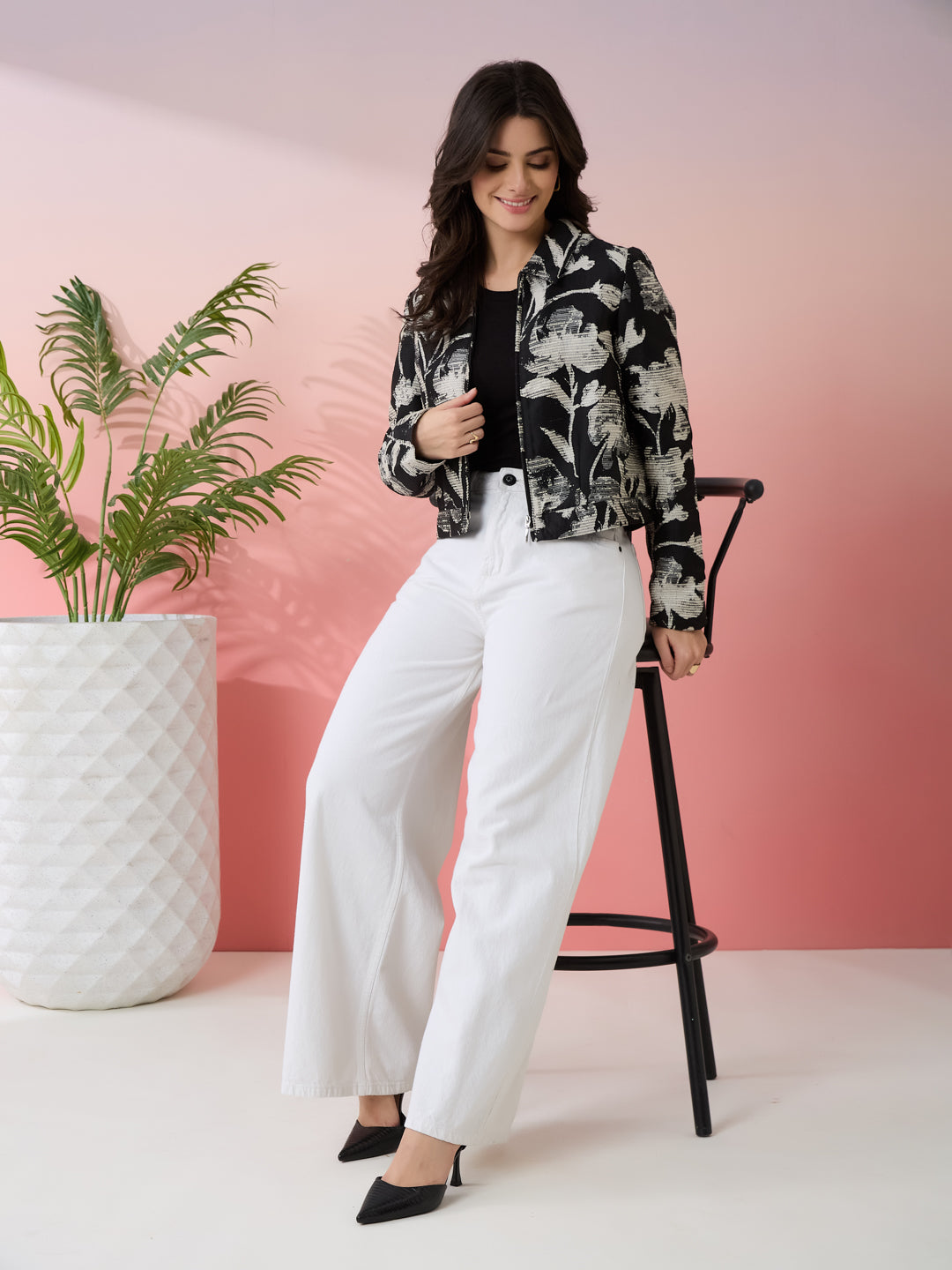 Latin Quarters Women's Black Printed Collar Neck Full Sleeves Casual Jacket