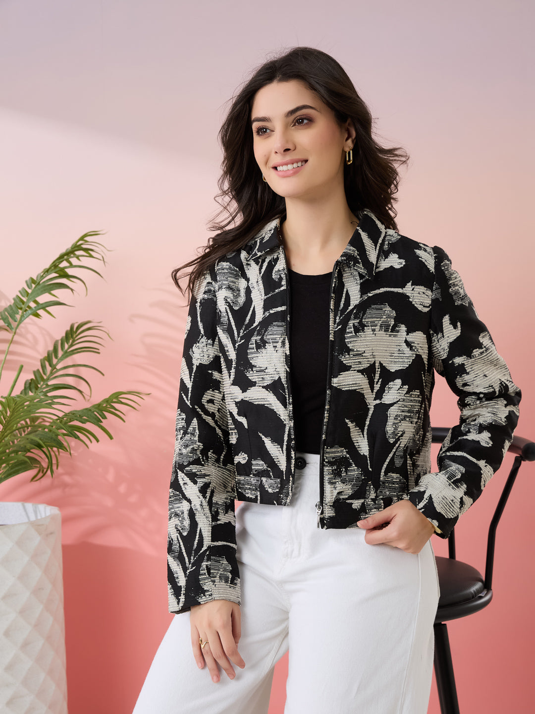 Latin Quarters Women's Black Printed Collar Neck Full Sleeves Casual Jacket
