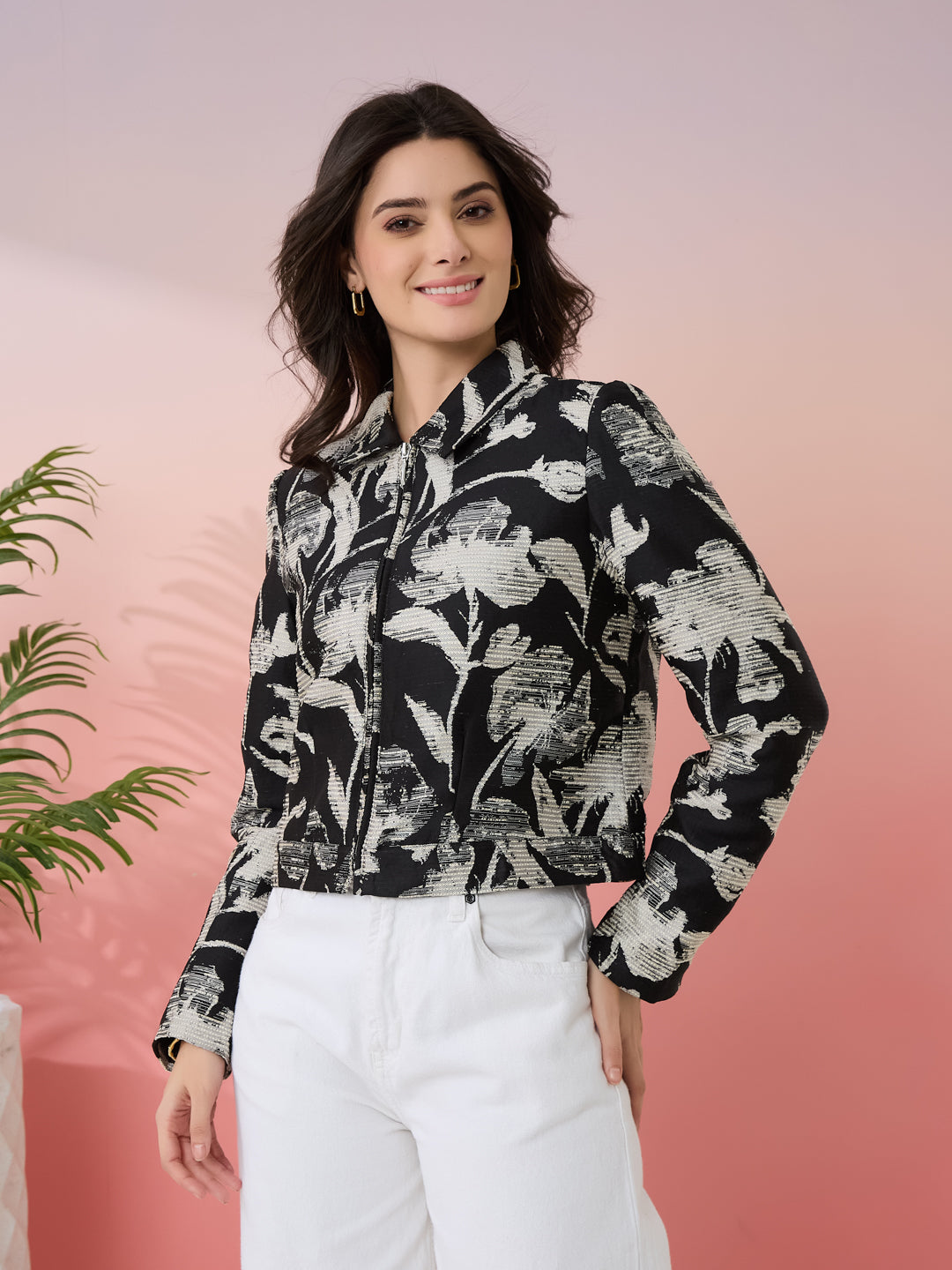 Latin Quarters Women's Black Printed Collar Neck Full Sleeves Casual Jacket