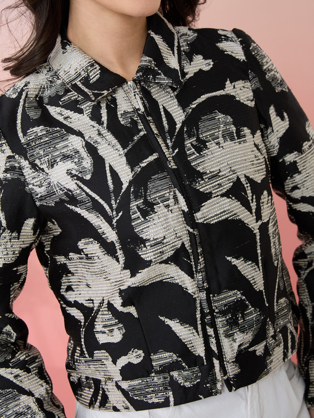 Latin Quarters Women's Black Printed Collar Neck Full Sleeves Casual Jacket