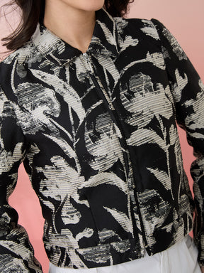 Latin Quarters Women's Black Printed Collar Neck Full Sleeves Casual Jacket