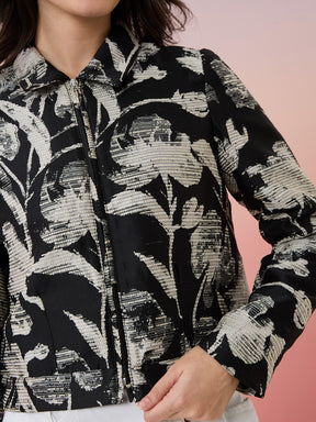Latin Quarters Women's Black Printed Collar Neck Full Sleeves Casual Jacket
