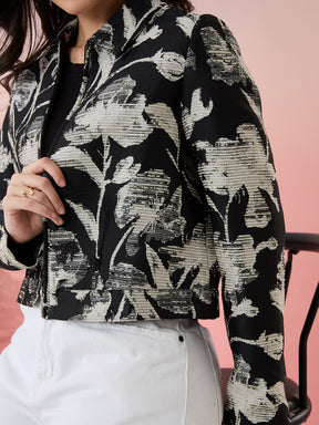 Latin Quarters Women's Black Printed Collar Neck Full Sleeves Casual Jacket