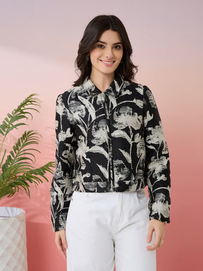 Latin Quarters Women's Black Printed Collar Neck Full Sleeves Casual Jacket